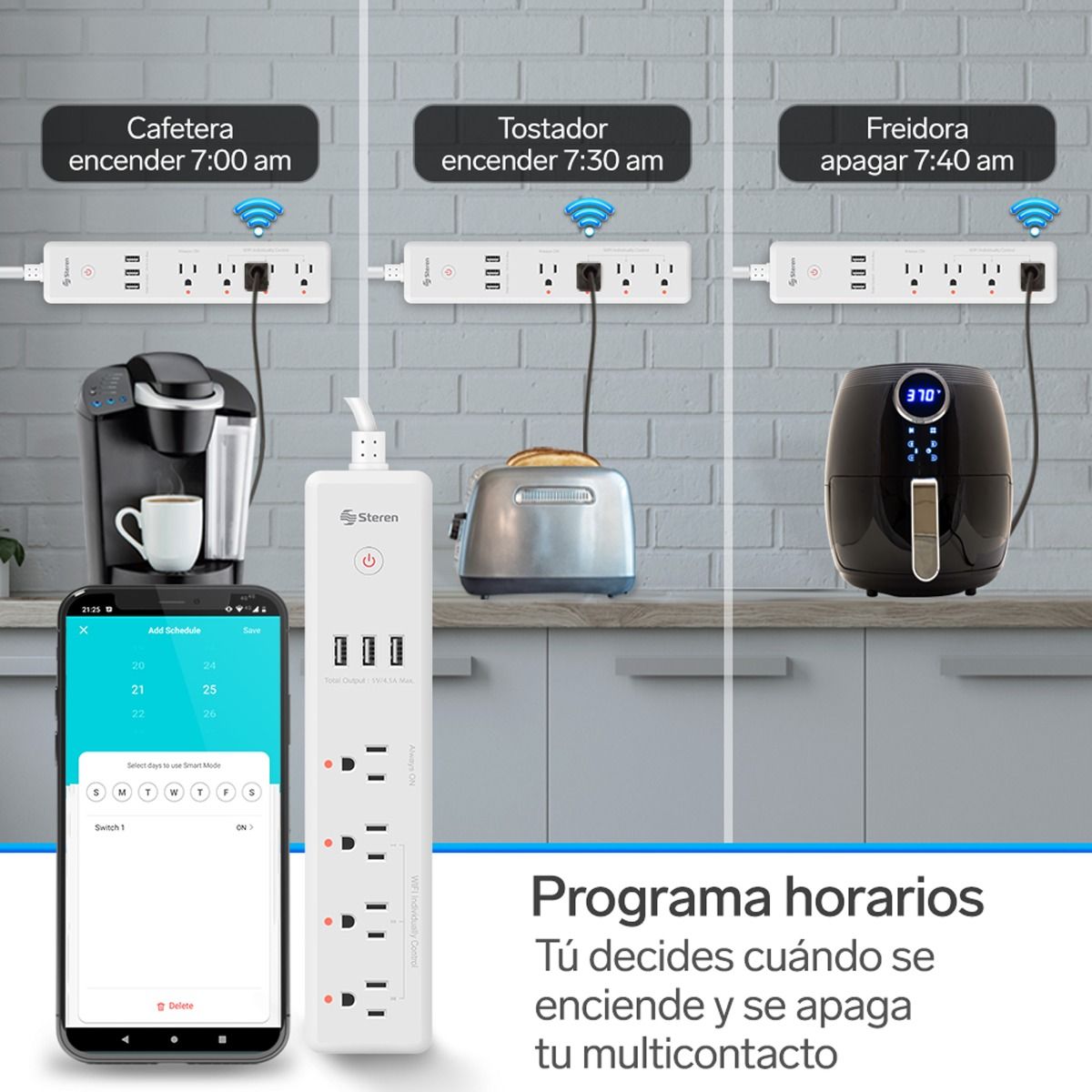 Multicontacto Wi-Fi de 4 salidas horizontales y triple cargador USB