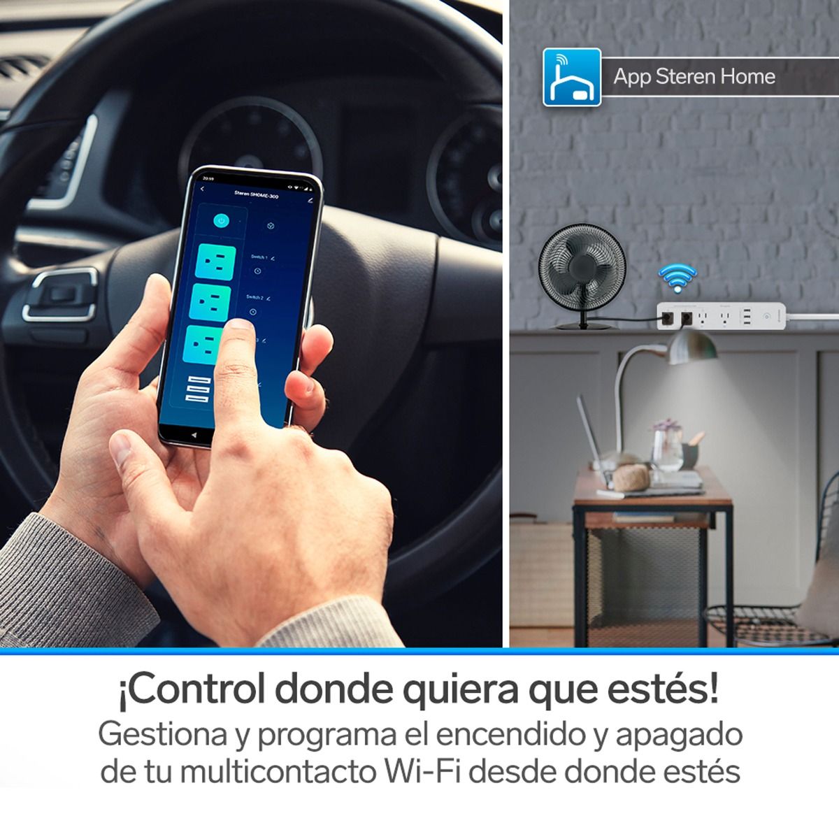 Multicontacto Wi-Fi de 4 salidas horizontales y triple cargador USB