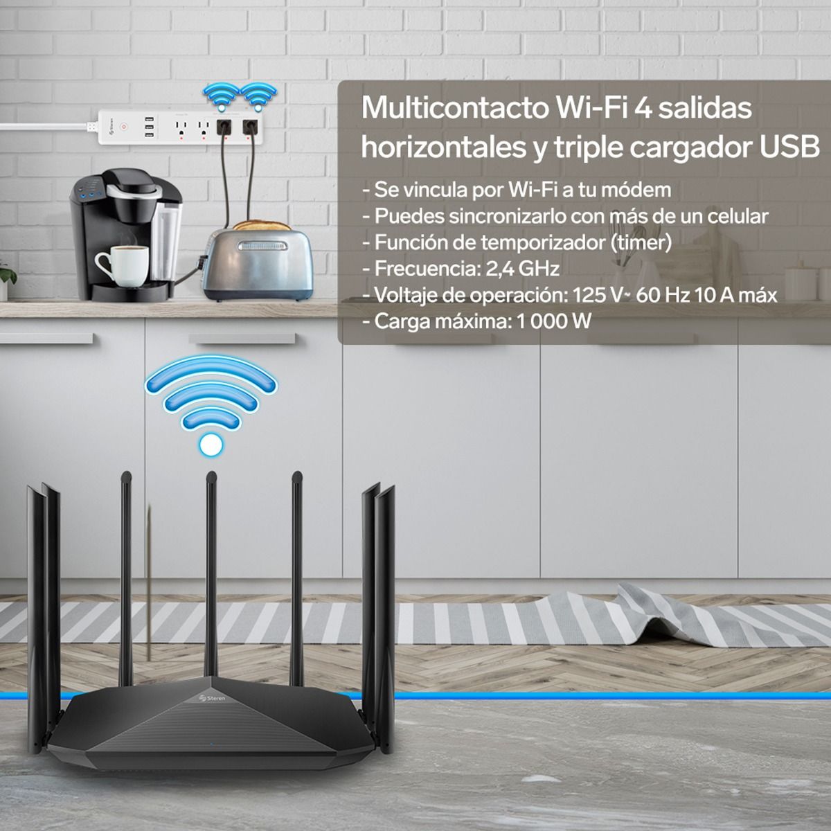 Multicontacto Wi-Fi de 4 salidas horizontales y triple cargador USB