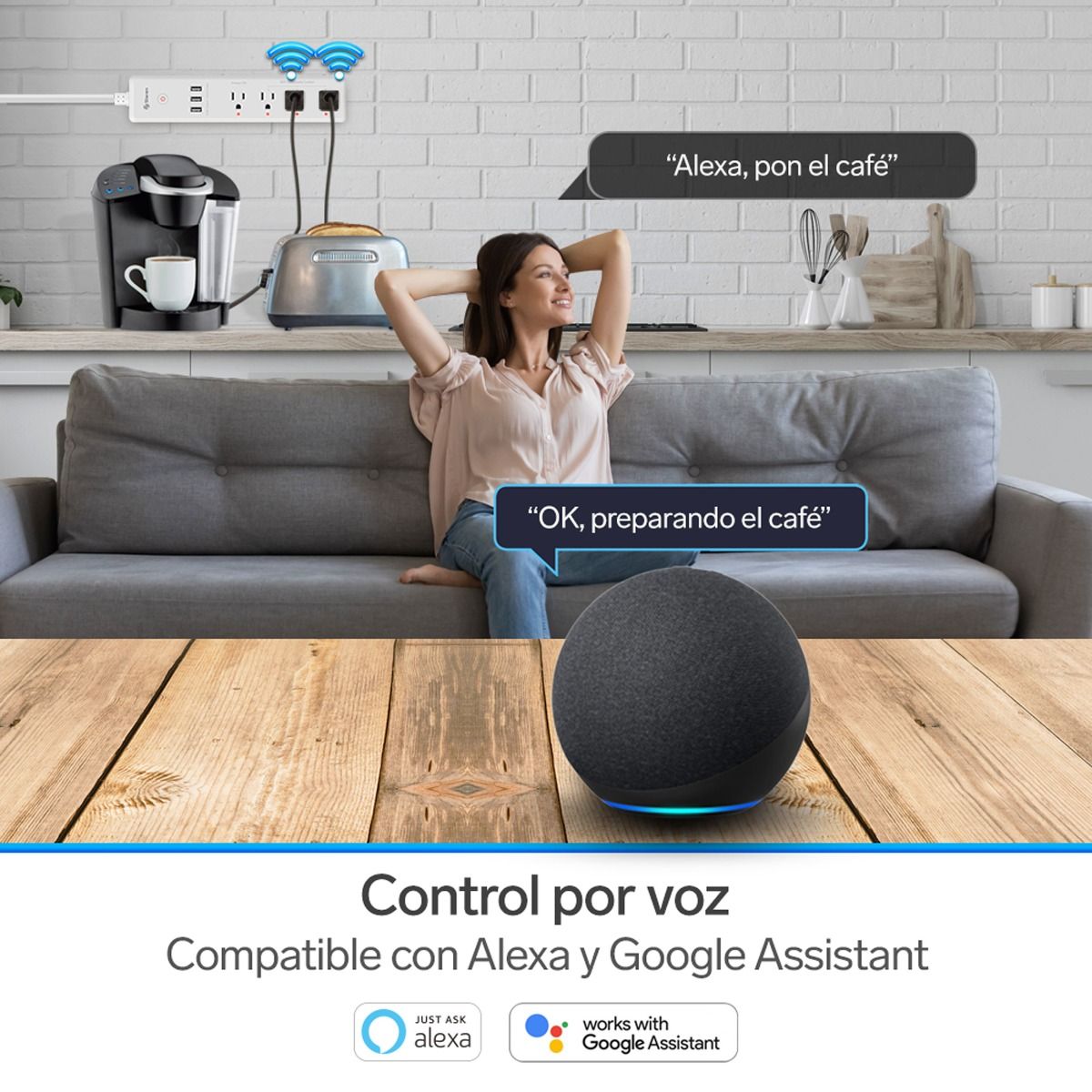Multicontacto Wi-Fi de 4 salidas horizontales y triple cargador USB