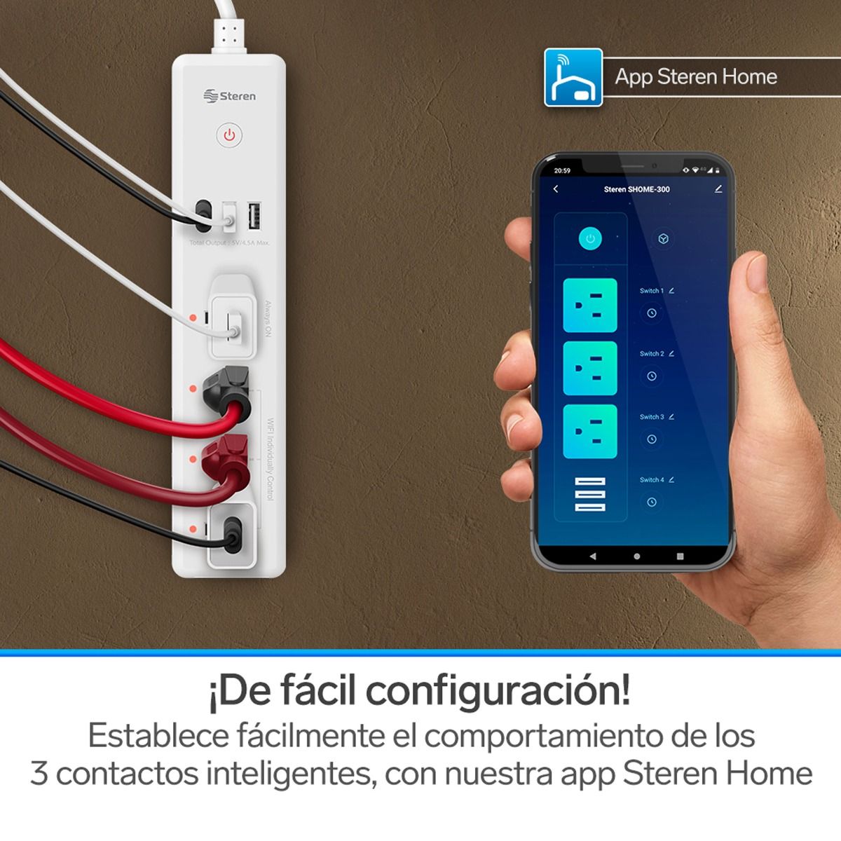 Multicontacto Wi-Fi de 4 salidas horizontales y triple cargador USB