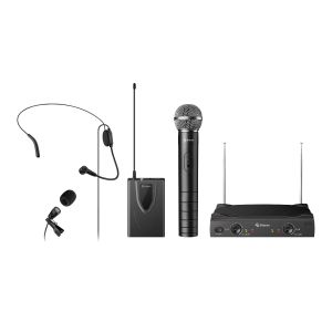 Juego de 2 micrófonos inalámbricos VHF, de mano y solapa o diadema
