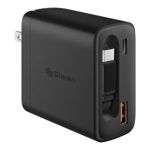 Cargador GaN USB C PD 65 W / USB QC 18 W, con cable retráctil incorporado